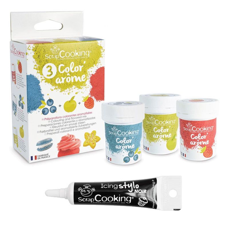 3 Colorants-arômes alimentaires fraise-pomme-myrtille + Stylo glaçage
