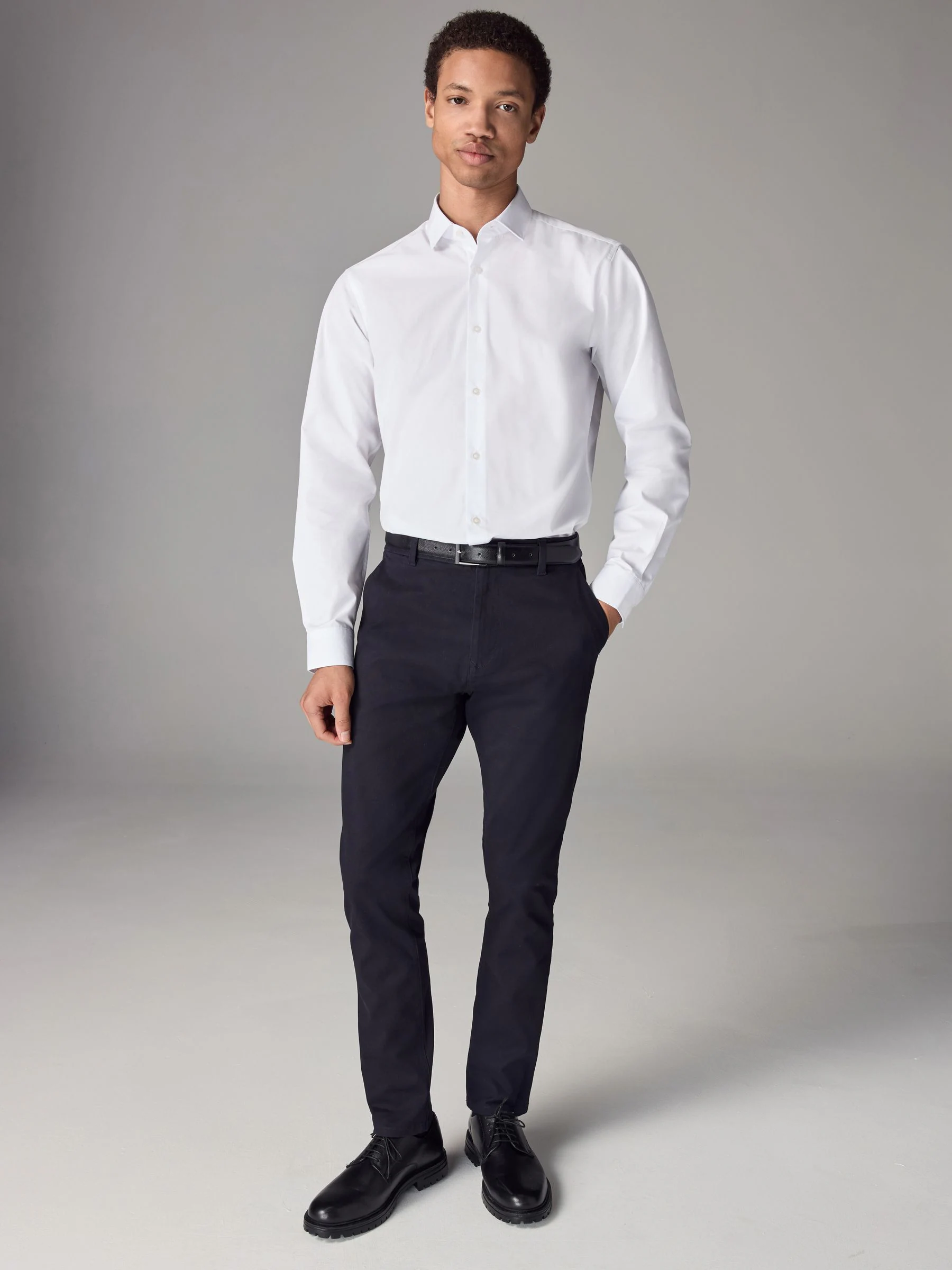 Wit - Slim Fit - Strijkvrij net overhemd met enkele manchet