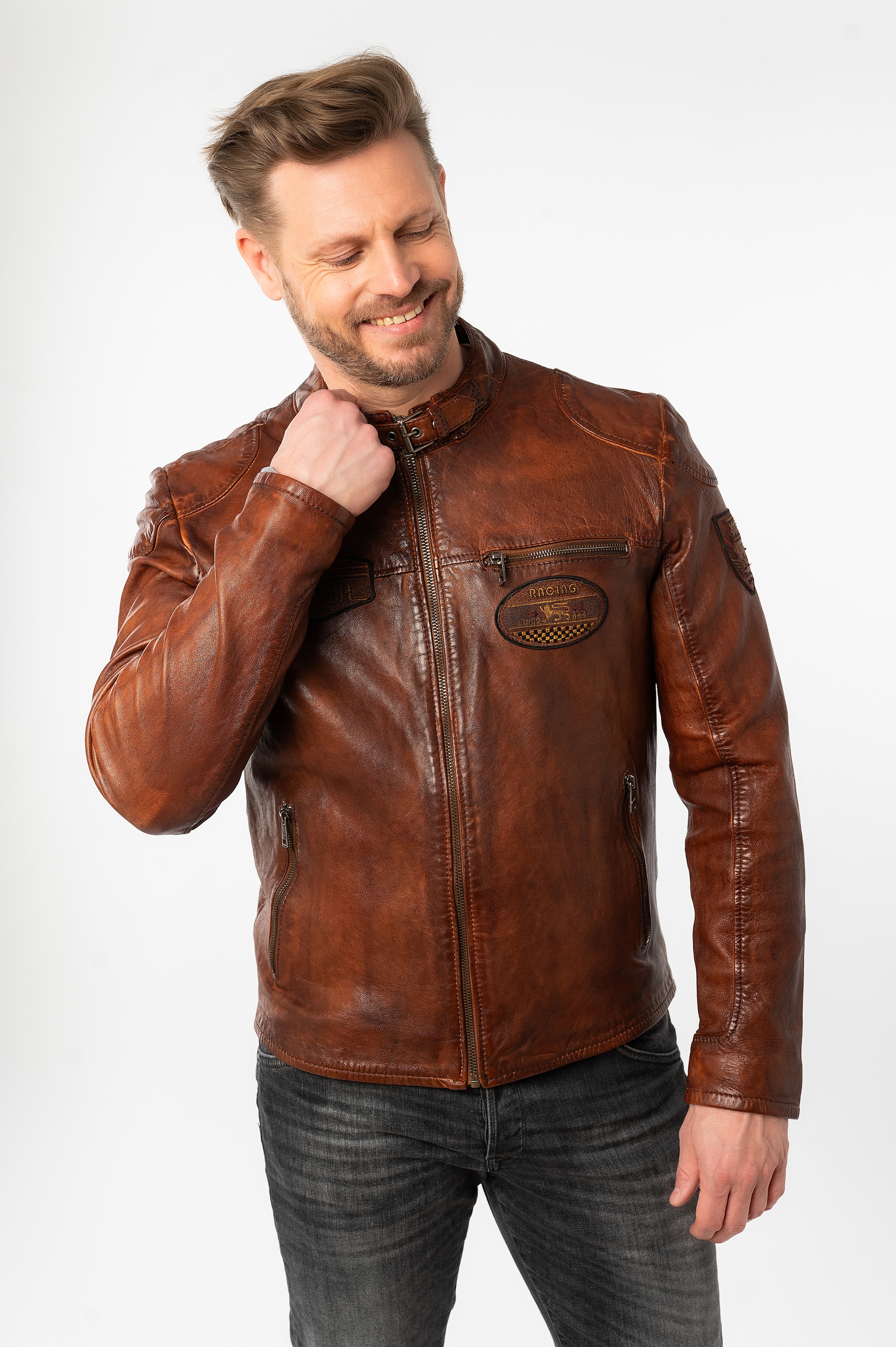 Mauritius Lederjacke »MMKendrik« mit Patches, Stehkragen