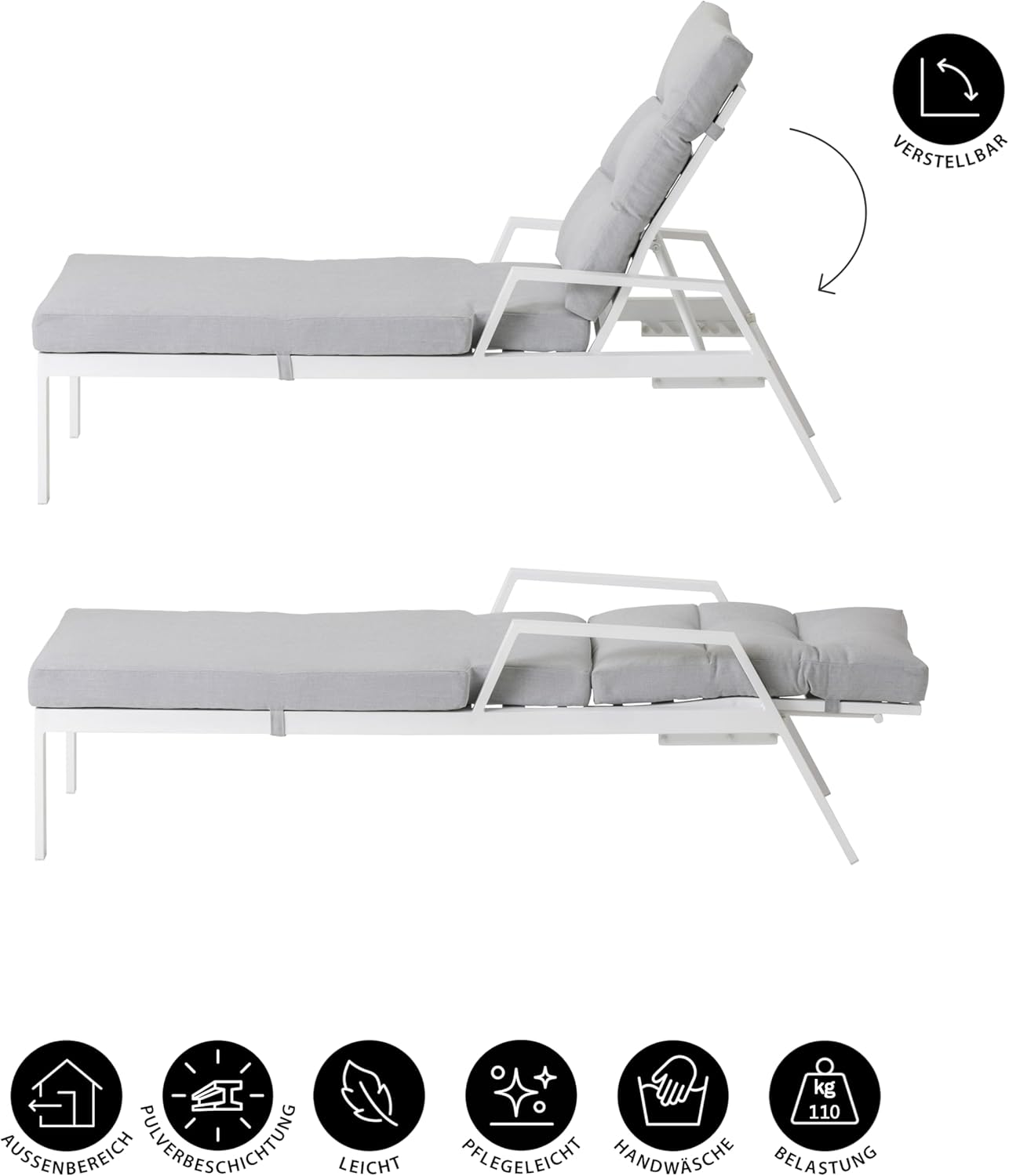 Dehner Gartenliege Formentera, Sonnenliege inkl. wasserabweisendem Polster, verstellbar, 66 x 97 x 188.5 cm (B/H/T), Sitzhöhe 42 cm, Aluminium/Polyester, weiß