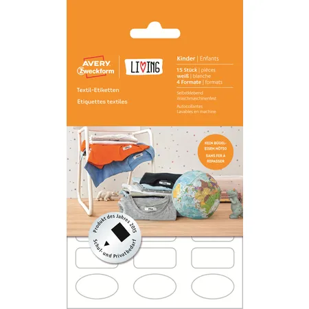 Avery Zweckform Textil-Etiketten, Div. Formate, 4 Formate pro Bogen, 1 Bogen/15 Etiketten, weiß