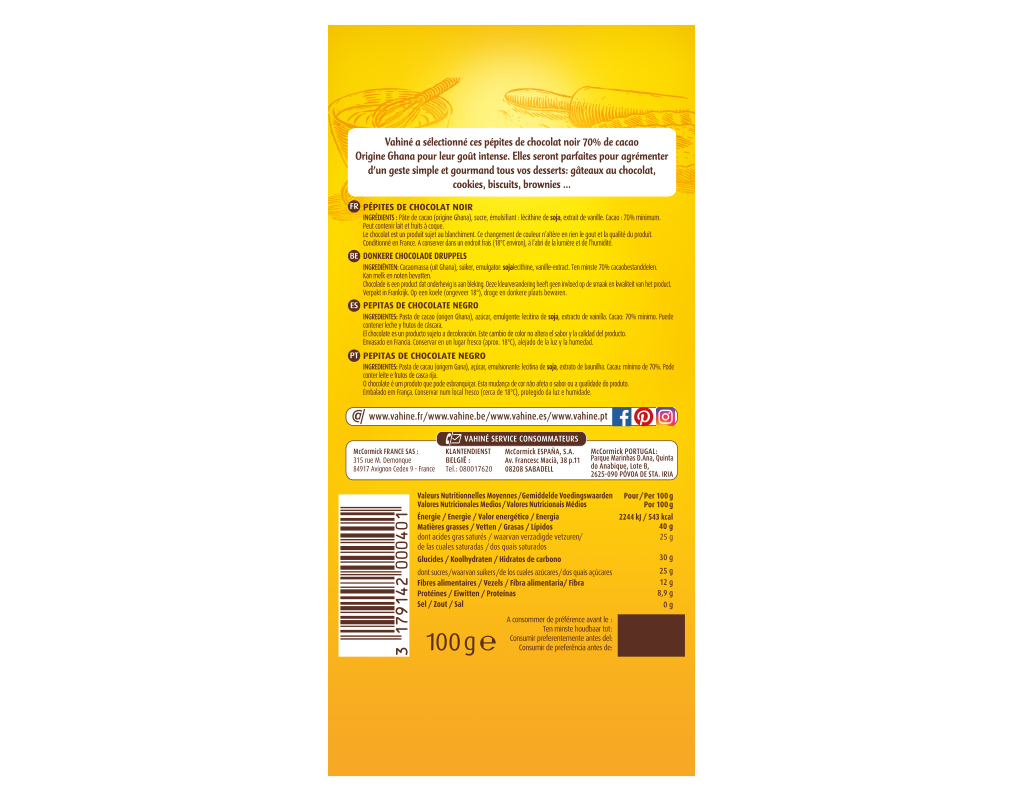 PEPITAS VAHINÉ CHOCOLATE NEGRO 70% 100G