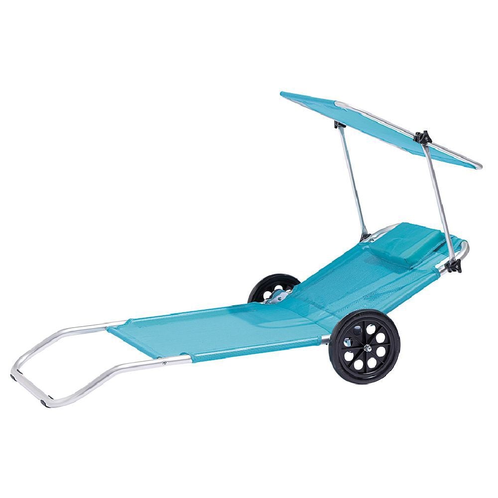 Chaise de plage avec pare-soleil 2 roulettes bleu