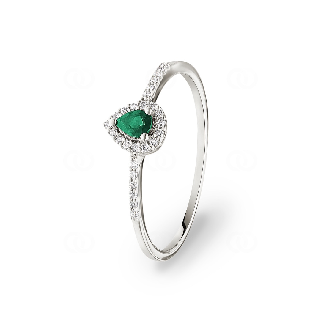 Damenring 750/18 K Weissgold mit Smaragd Tropfen und Diamanten 0.08 ct H/si