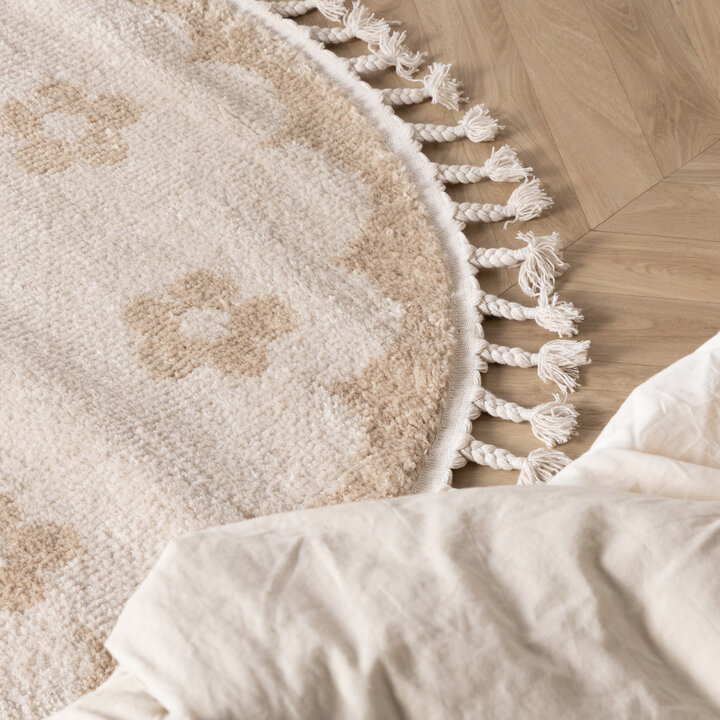 Rond wasbaar kindervloerkleed - Moos Flower Creme