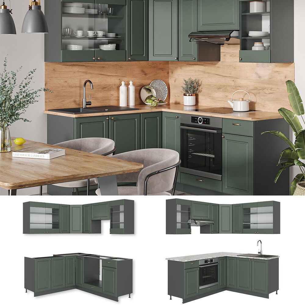 Vicco Eckküche Küchenzeile Einbauküche Fame-Line Landhaus Anthrazit Grün Gold 190 cm Schubunterschrank Spülenunterschrank Eckunterschrank Herdumbauschrank Hängeglasschrank Hängeschrank