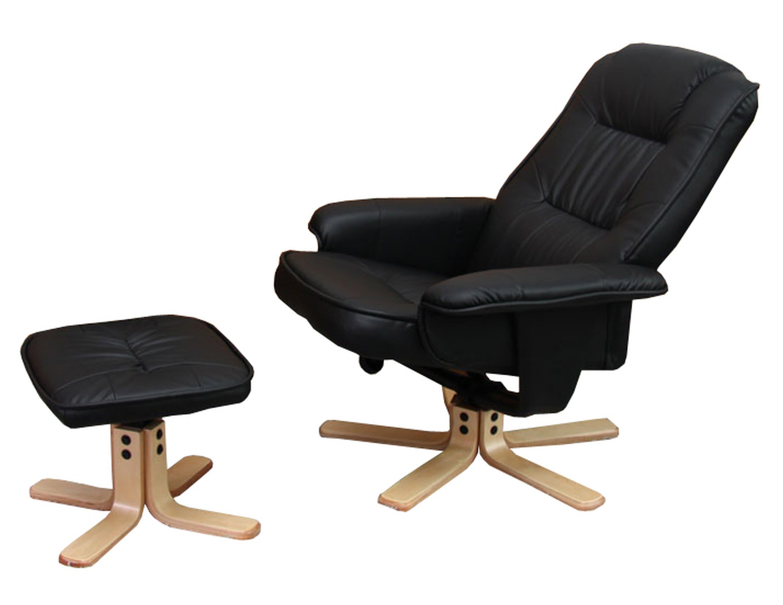 Relaxsessel H56, Fernsehsessel TV-Sessel mit Hocker Ottomane, Kunstleder Eukalyptus Holz MVG-zertifiziert ~ schwarz