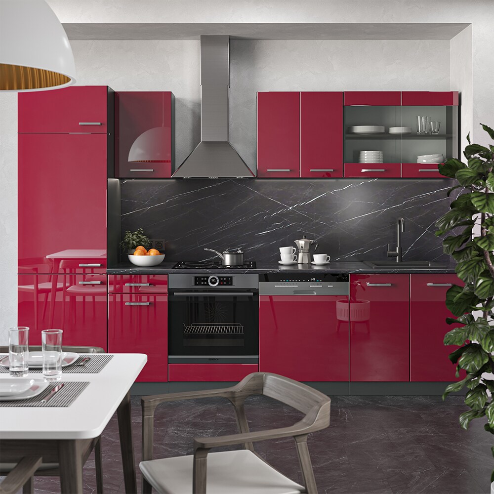 VICCO KÜCHE R-LINE 300 CM KÜCHENZEILE KÜCHENBLOCK EINBAUKÜCHE ANTHRAZIT BORDEAUX HOCHGLANZ
