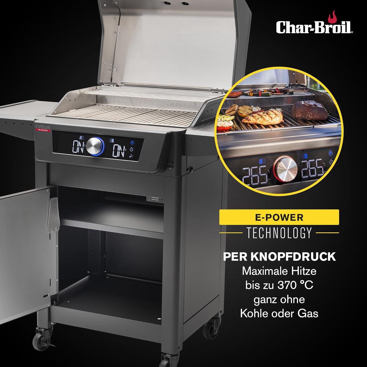 Char-Broil Elektrogrill Evolve Electric, E-Power Grillen, 90°C-370°C, App Control, Reinigungsfunktion, Kerntemperaturfühler, digitales Display - Ideal für draußen, Balkon, Garten