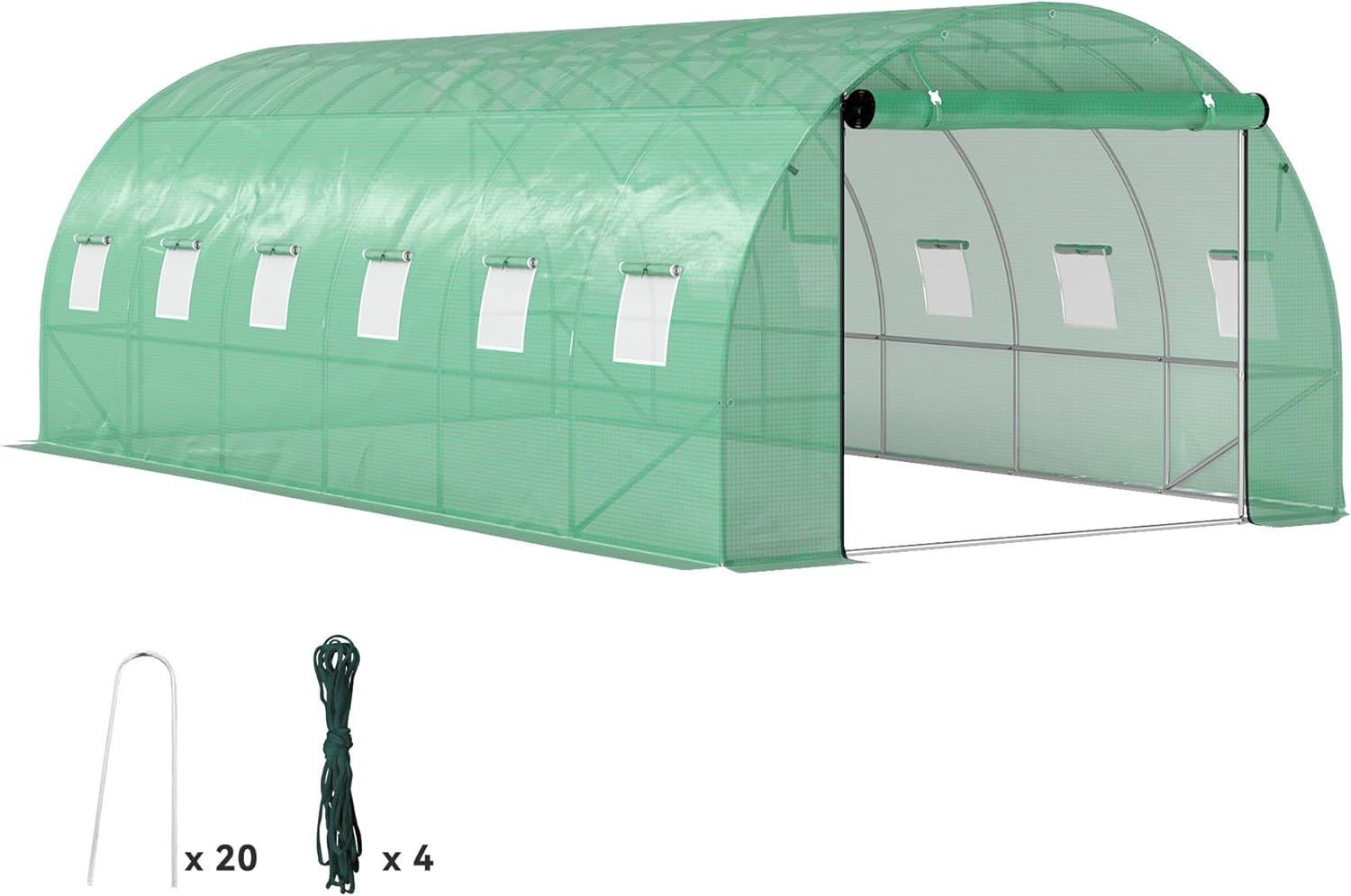 Outsunny Gewächshaus 300x600x200cm Foliengewächshaus Tomatenhaus mit Tür, 12 Fenster, Folientunnel aus verzinktem Stahl, 170g/m² PE, stabiles pflanztunnel, Treibhaus inkl. Erdanker & Seilen, Grün