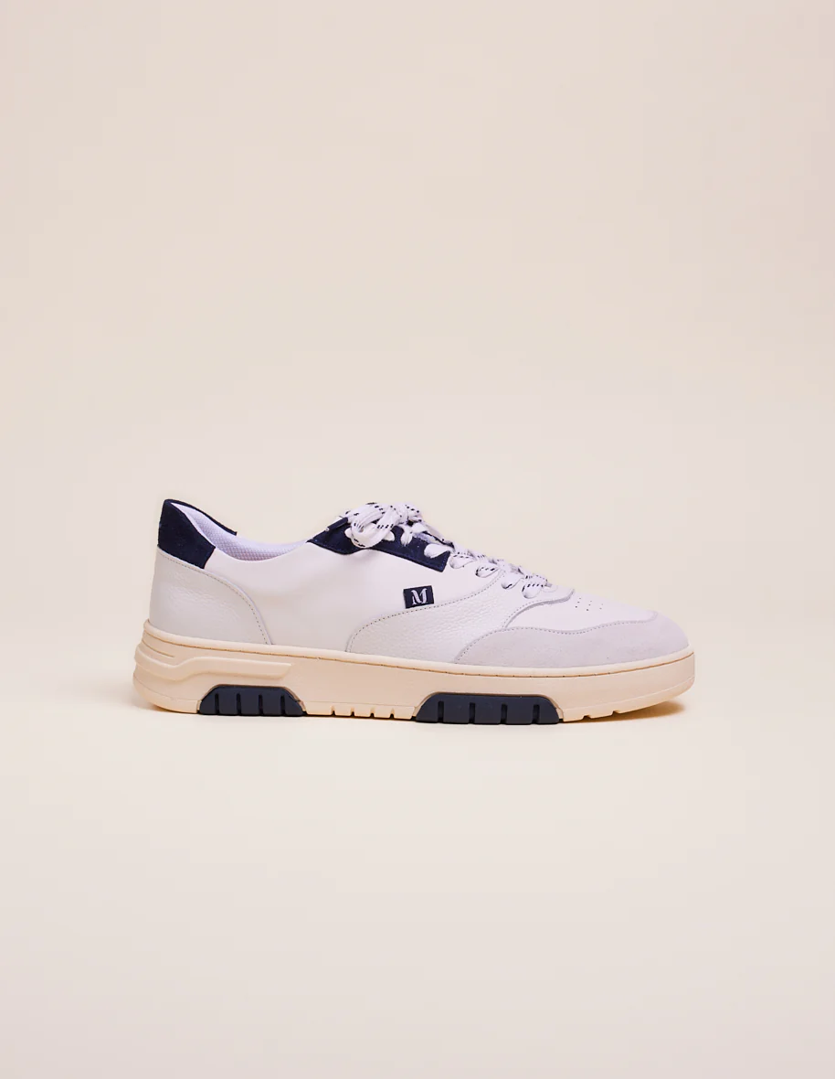 Baskets basses Albert - Cuir et suède blanc marine