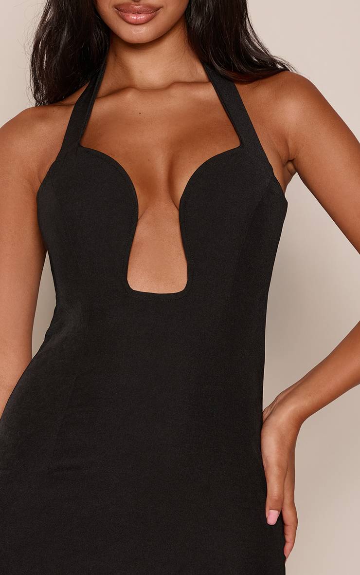 Noir Robe Courte Tissée Dos Nu À Encolure Plongeante Américaine
