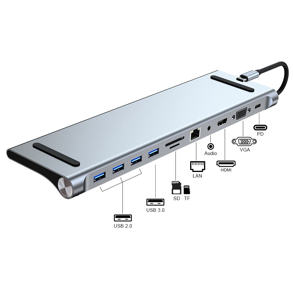 (16cm) USB C Multiport Adapter Hub mit 1x HDMI / 3x USB 2.0 / 1x USB 3.0 / 1x LAN / 1x VGA / 1x USB-C (PD) SD und Micro SD Steckplatz - Grau