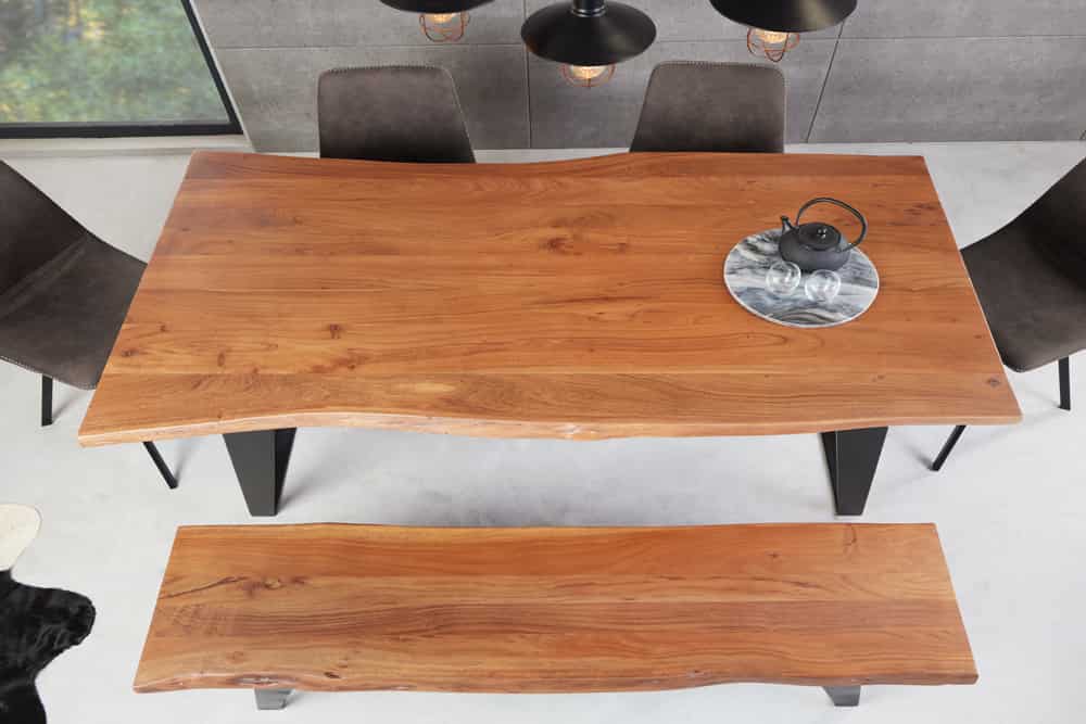Massivholz Esstisch ORGANIC ARTWORK 180cm Akazie Industrial Design Eisengestell Baumkante