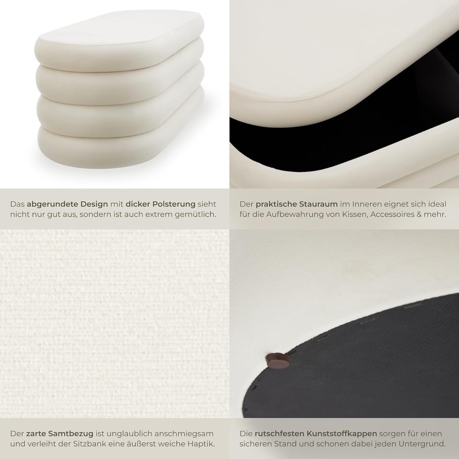 tectake® Sitzbank mit Stauraum, Sitzhocker, Hocker mit Stauraum, Pouf, Polsterhocker, Sitztruhe, Truhe mit Deckel, Truhenbank mit Stauraum, Möbel Wohnzimmer, 110 x 45 x 42 cm - Samtoptik Creme-weiß