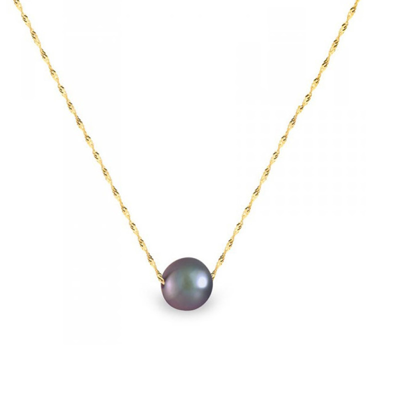 Collier Femme Ras du Cou et Chaine Singapour Or jaune 750/1000 et Perle de Culture d'eau douce Noire