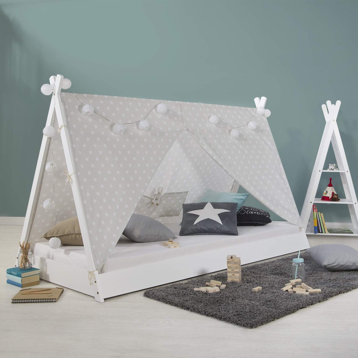 Homestyle4u, Bodenbett Hausbett Kinderbett 90x200 Weiß Grau mit Sterne Montessori Bett mit Lattenrost für Kinder Tipibett Holz massiv