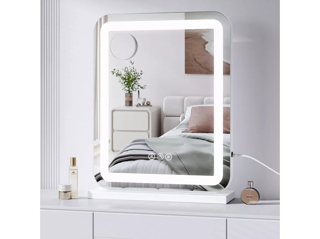 Miroir Maquillage Lumineux 40x50cm,Miroir Coiffeuse Hollywood Lumineux 3 Modes Luminosité Réglable,Miroir de Table et de Mur,Blanc