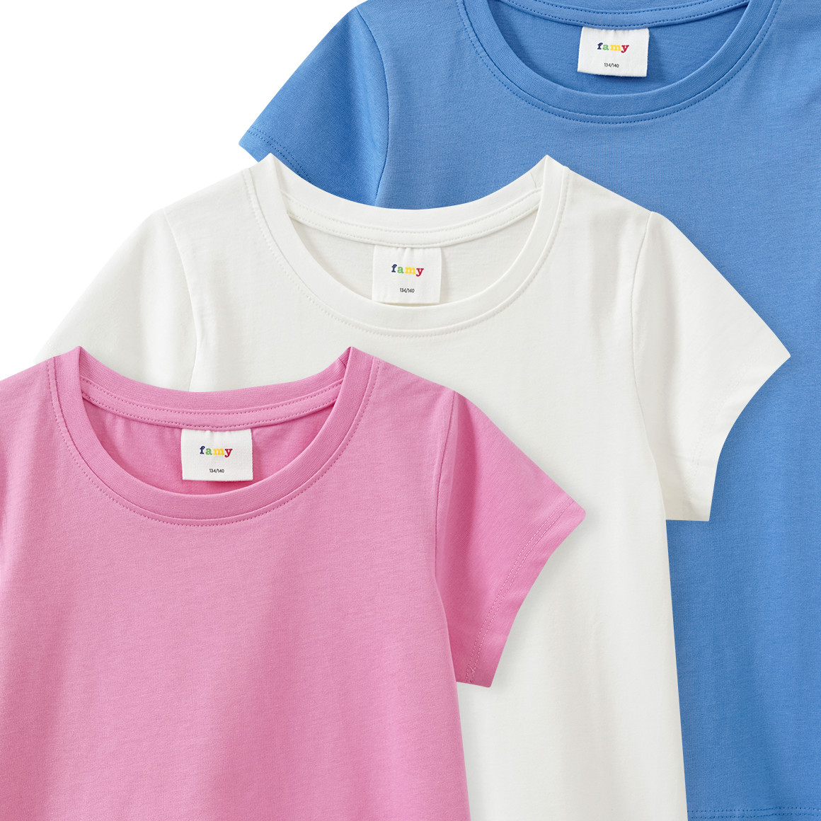 Famy 3 Mädchen T-Shirts im Basic-Look blau / weiss / rosa