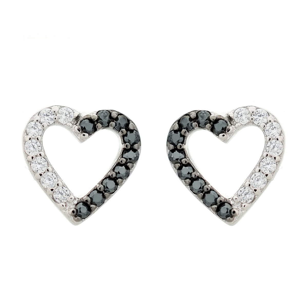 Boucles d'oreilles coeur serti d'oxyde de zirconium blancs et noirs Argent 925 Rhodié