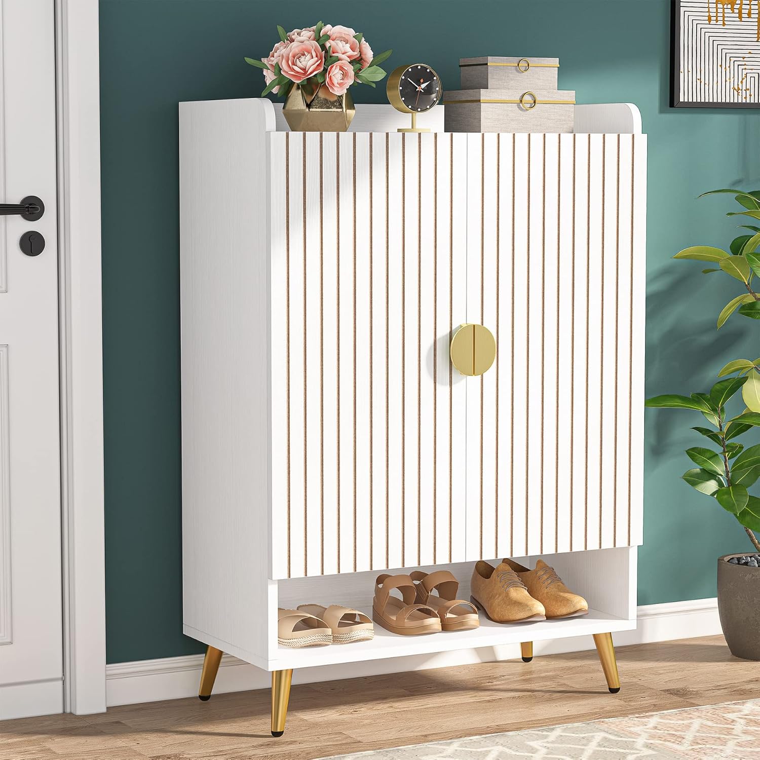 Tribesigns Schuhschrank mit 2 Türen, 75x 37x 110cm, Schuhkipper schmal,7-stöckig Schuhregal für 25 Paar Schuhe Regal für Eingang, Flurschrank,Wohnzimmer,weiß (Weiß)