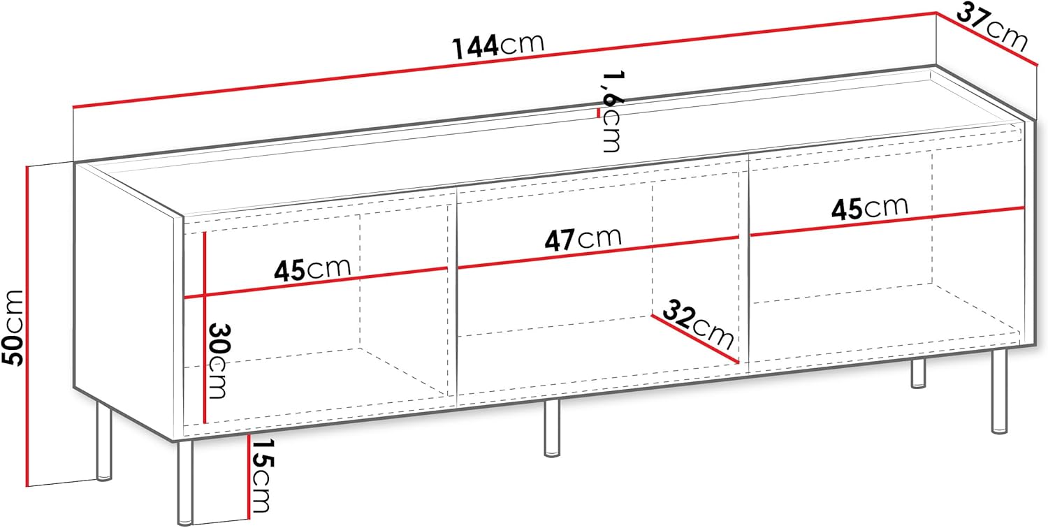 Mirjan24 TV Lowboard Tewos 144, TV Schrank mit 3 Türen, gedämpftem Schließsystem, Fernsehschrank, Fernsehtisch, Unterschrank (Nuss Warmia + Marmor Schwarz)