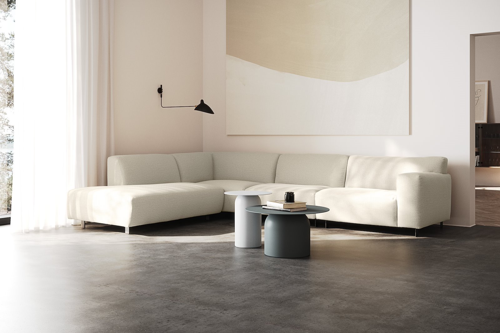 Vesta hjørnesofa 3-seter med åpen ende venstre, Big hjørnemodul, Tekstil Cortina Sand, standardsøm, sort metallben 10 cm, Comfort CM