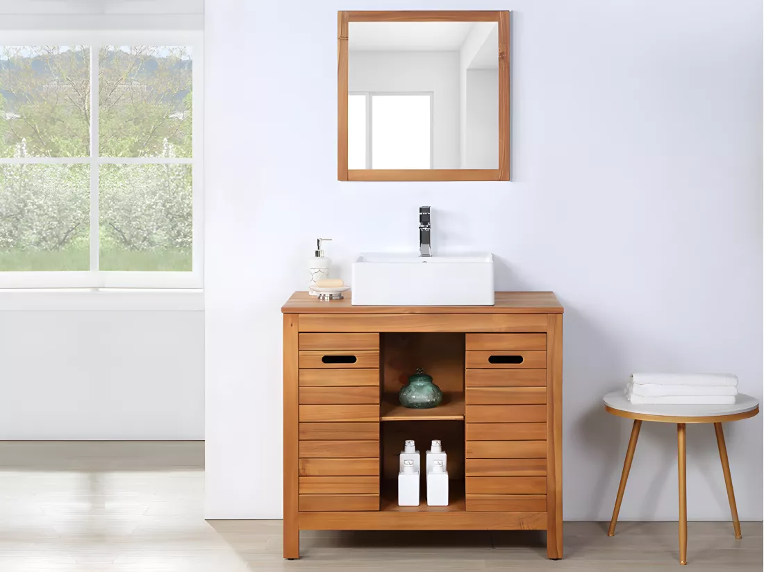 Meuble de salle de bain en bois d'acacia avec simple vasque et miroir - 90 cm - PULUKAN