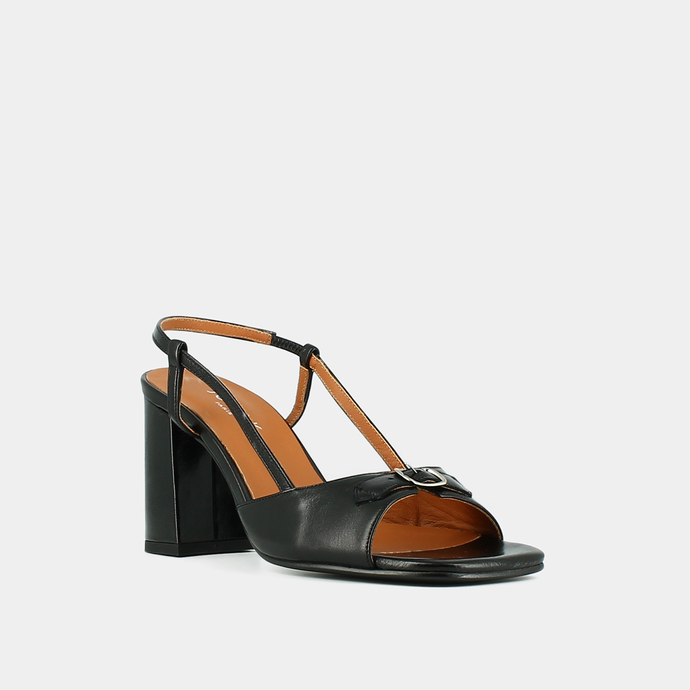 Sandales à talons et bouts carrés  en cuir vieilli noir