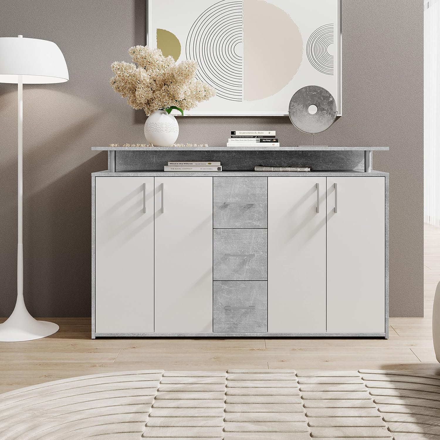 DRIFT Sideboard mit Ablage in Beton Optik, Weiß - Moderne Kommode mit Schubladen und viel Stauraum für Ihren Wohnbereich - 139 x 90 x 34 cm (B/H/T)