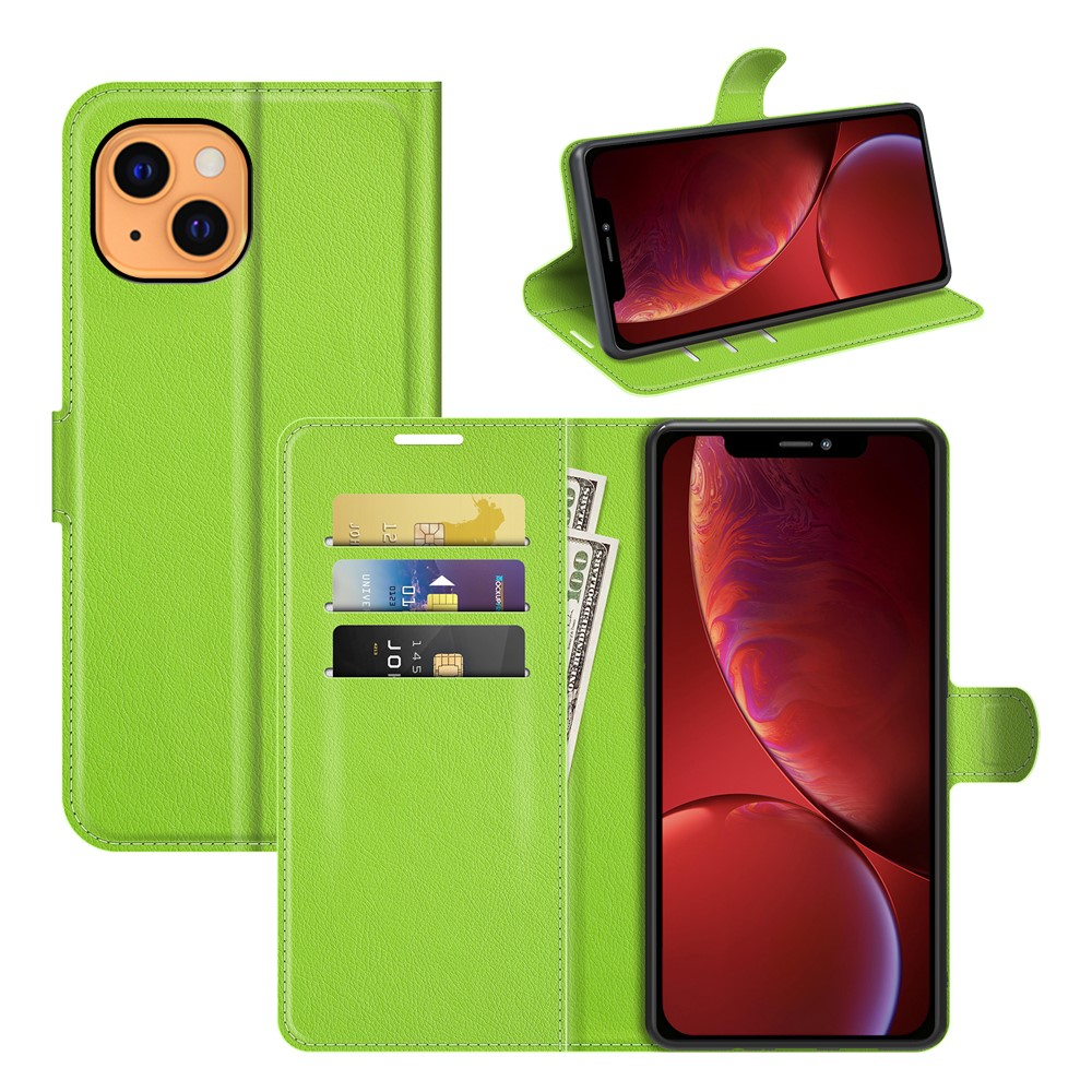 iPhone 13 Leder Tasche Flip Cover Litchi Look - Grün