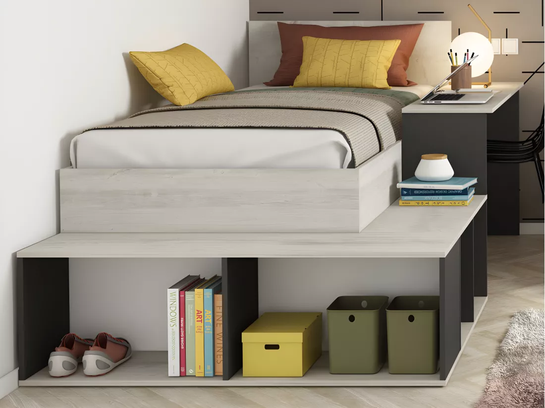 Lit combiné 90 x 200 cm avec rangements et bureau - Coloris : Naturel et anthracite + Sommier + Matelas - RIGALI