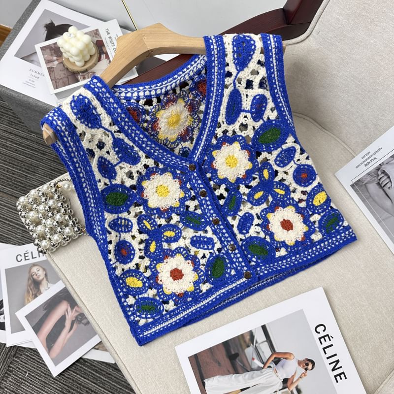 Juuri - Gehaakt vest met V-hals en bloemen