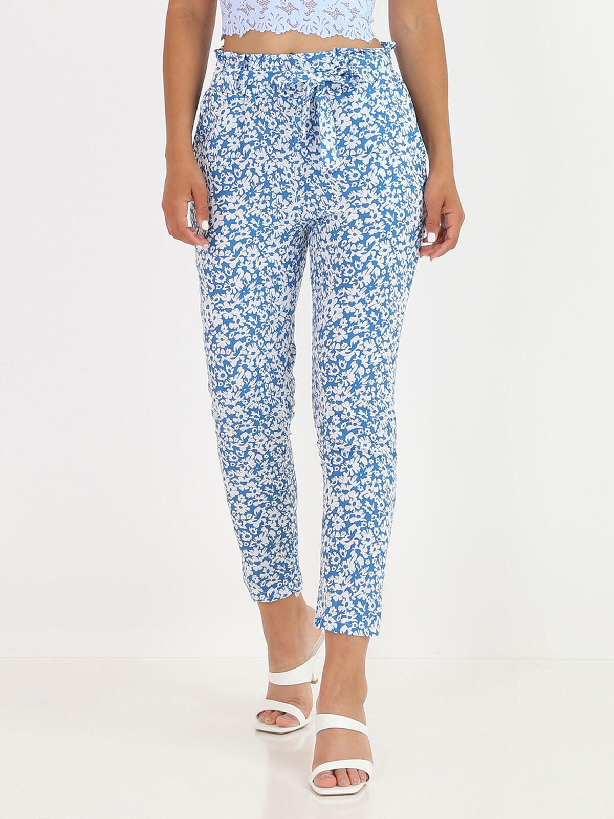 Pantalon fluide à imprimé fleurs- Bleu