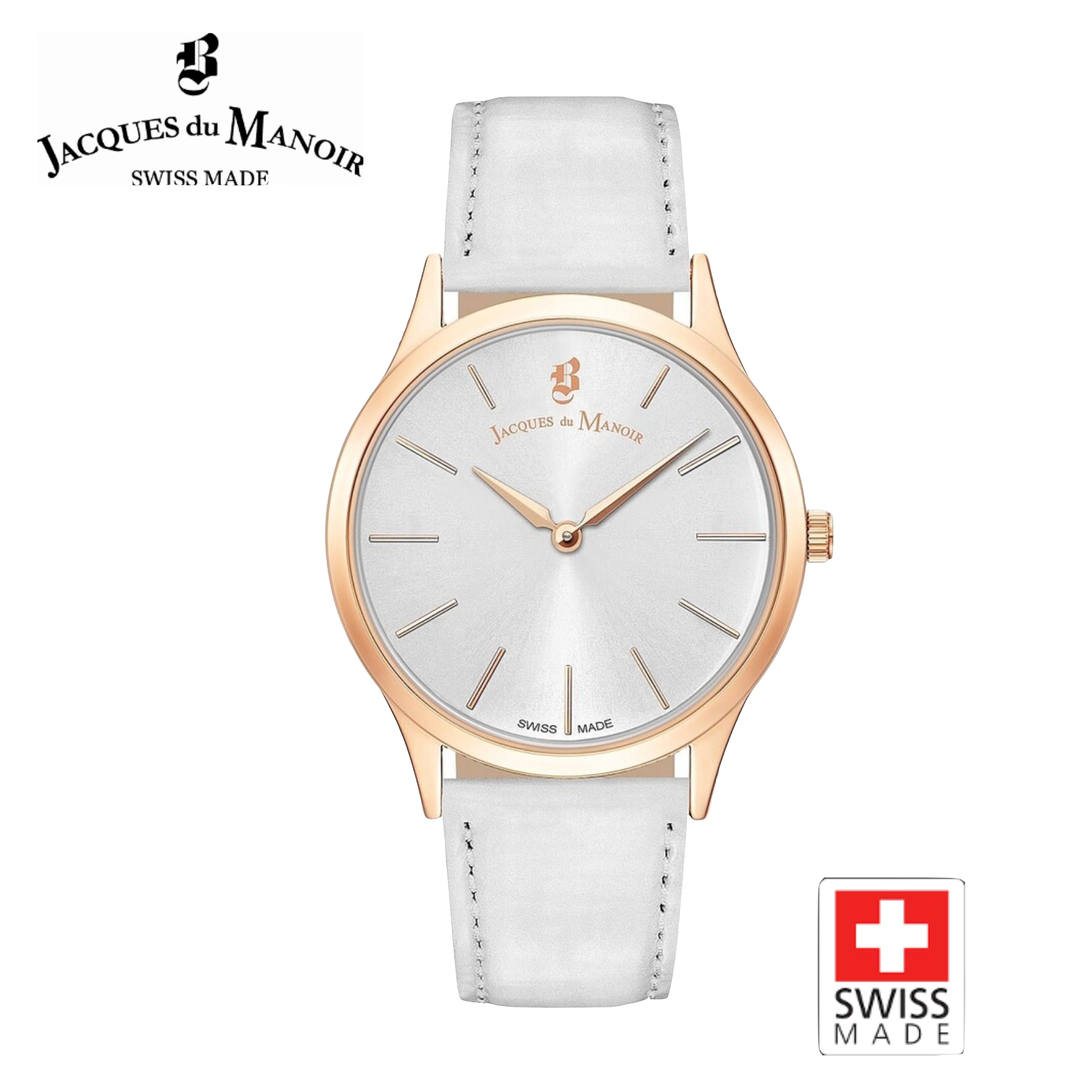(Ø35mm) Swiss Made Emotion Quarz Leder Armbanduhr Analog (Gelenkumfang 190-220mm) - Weiss / Roségold