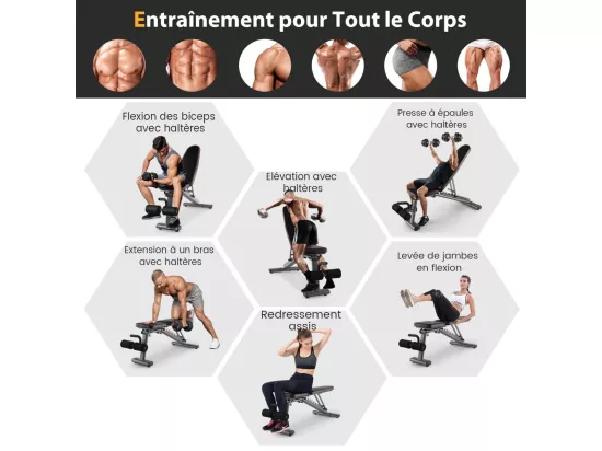 Banc de Musculation Dossier Réglable 10 Positions, Banc pour Entraînement Complet du Corps en Métal Charge 300KG avec 2 Roues, Idéal pour Développé Couché et Abdominaux