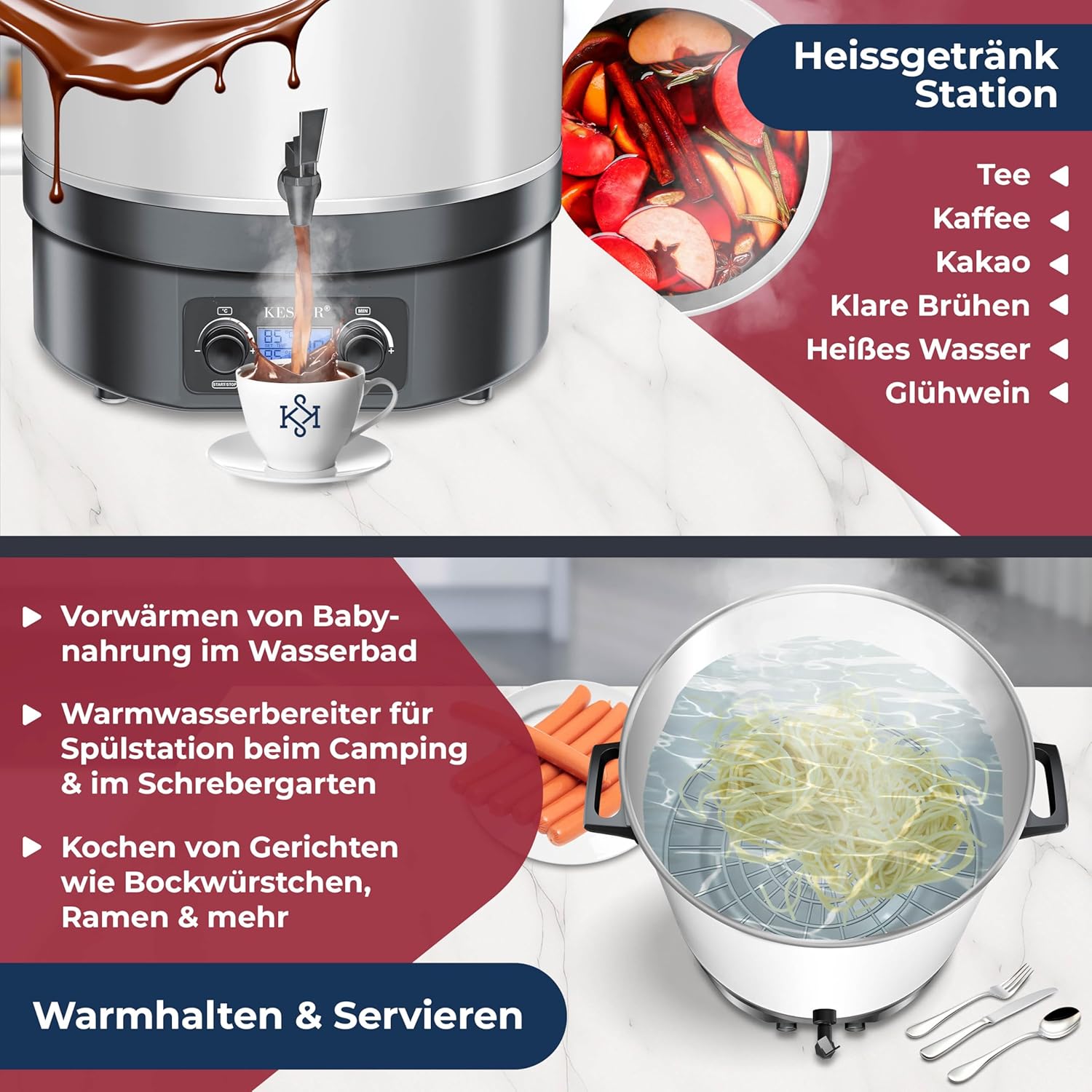 KESSER Einkochautomat 27 Liter Glühweinkocher Glühweinkessel mit Timer 2000 Watt Temperatur von 30-100°C Zeituhr bis 120 Minuten und Dauerbetrieb Abschaltautomatik Einkochvollautomat 2 Gläser & Zange