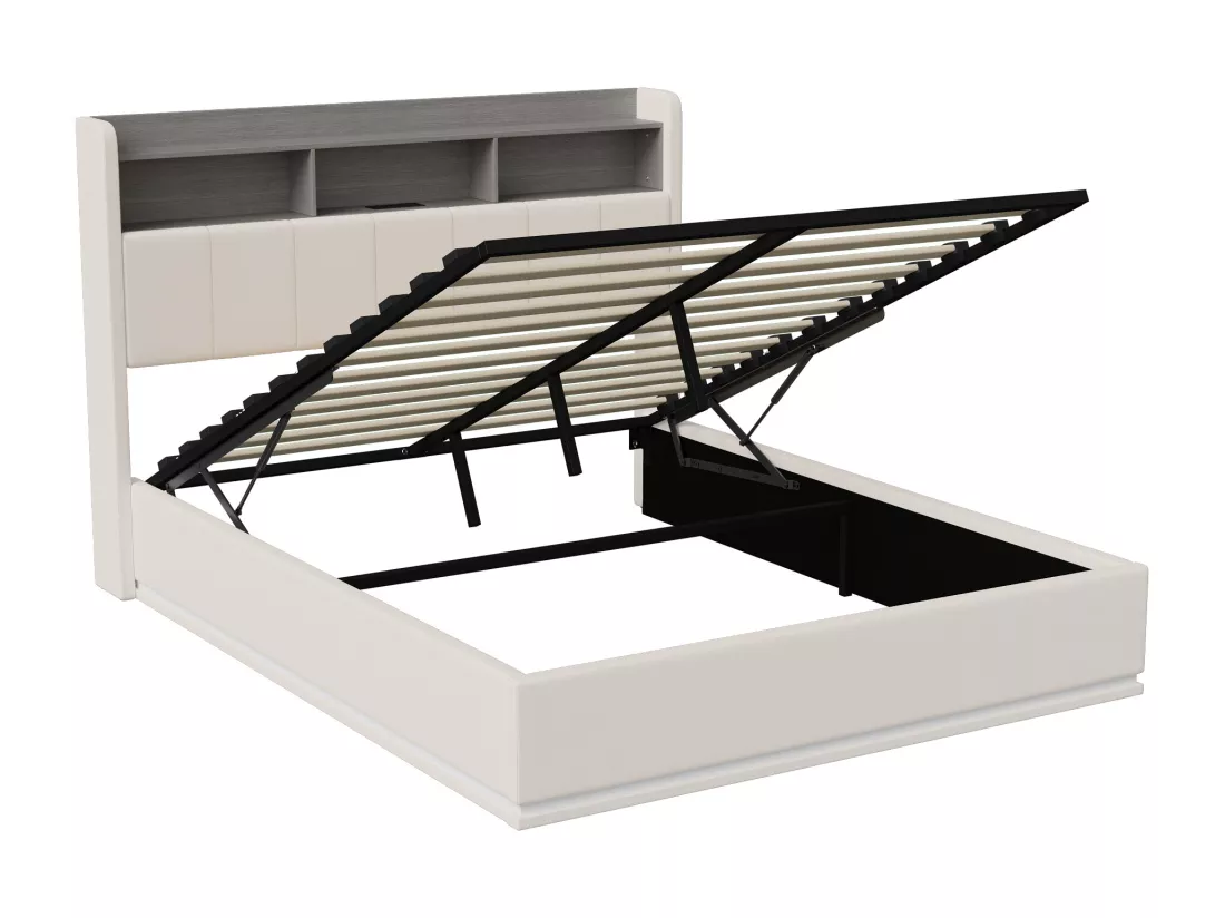 Lit coffre double 140 x 200 cm, tête de lit avec rangements et bande lumineuse LED, chargement USB, velours blanc, sommier à lattes, structure en métal, lit tapissé hydraulique - Blanc
