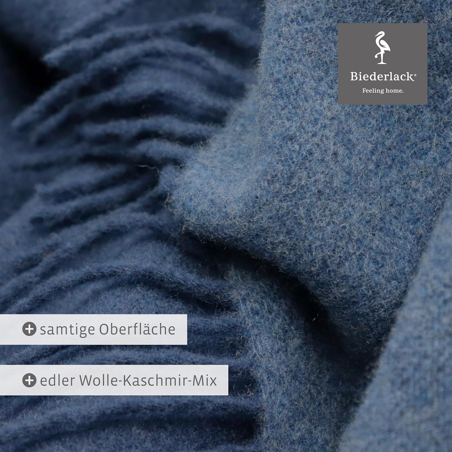 biederlack® samt weiche Kuscheldecke Wool-Mix Jeans-Marine I aus Wolle & Kaschmir I Öko-Tex Zertifiziert I Plaid in 130x170 cm | geeignet als Tagesdecke & Sofa-Decke | Wohndecke in top Qualität