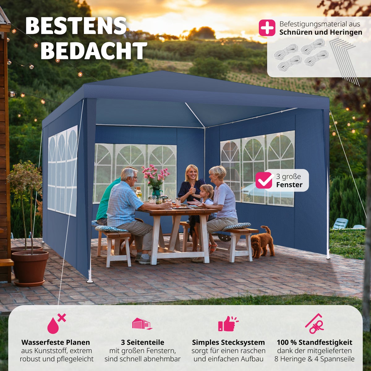 tectake Baraban 3 x 3 m paviljoen inclusief scheerlijnen en haringen