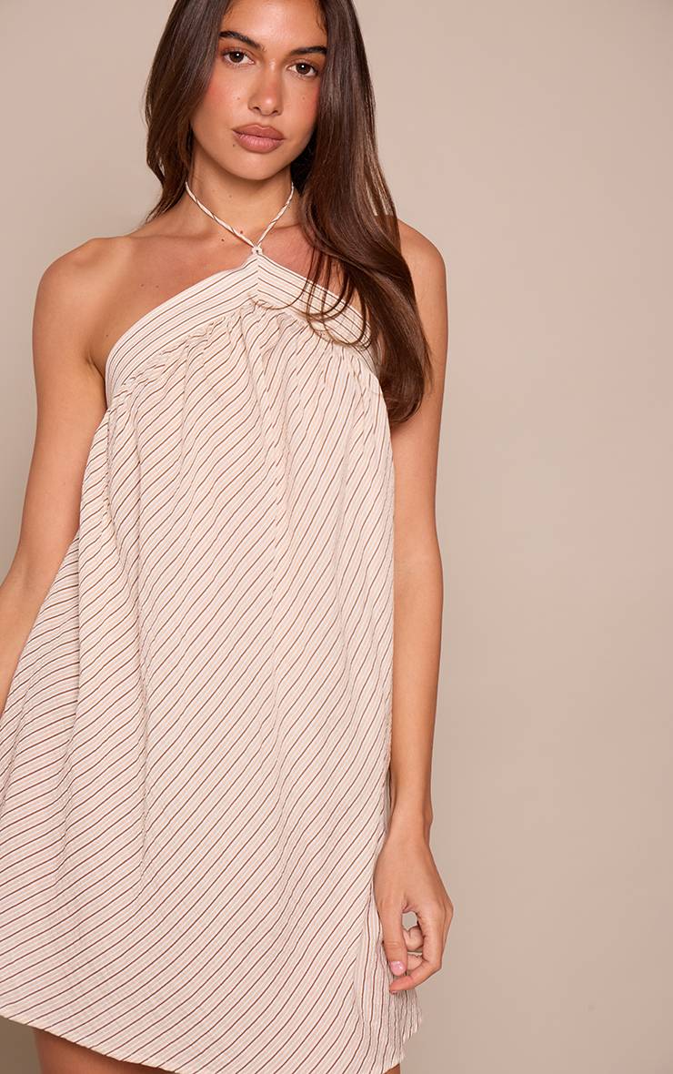Crème Robe Droite Sans Manches À Col Licou À Fines Rayures