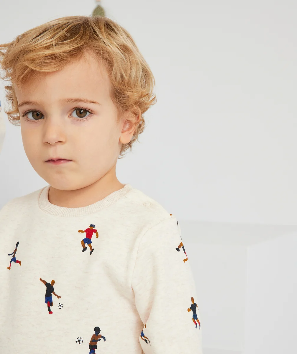 SWEAT BÉBÉ GARÇON EN FIBRES RECYCLÉES ÉCRU THÈME FOOTBALL