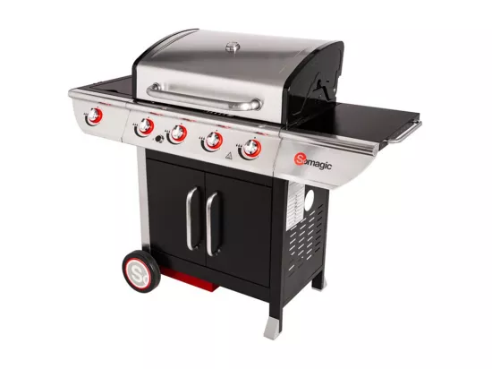 Barbecue à gaz avec chariot Manhattan 450GPI, 4 brûleurs, 1 réchaud latéral et plancha - Somagic