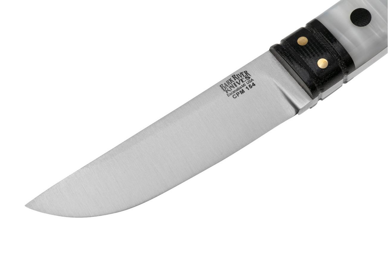 Bark River Kitsuné Tanto CPM 154 White Pearl Kirinite Black Micarta Bolster and Pins, vaststaand mes