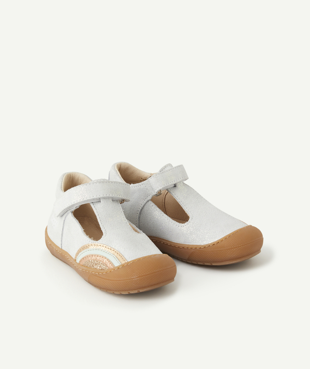 BOPYBOTTINES OUVERTES PREMIERS PAS BÉBÉ EN CUIR BLANC AVEC DÉTAIL ARC-EN-CIEL