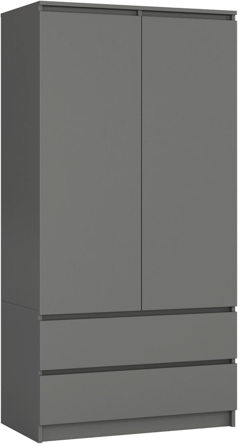 AKORD Zweitüriger Kleiderschrank S 90 cm 2 Schubladen mit Regalen und Einer Kleiderstange für EIN Schlafzimmer Kleiderschränke Minimalistischer Stil Schichtstoffplatte 16 mm | Graphitgrau