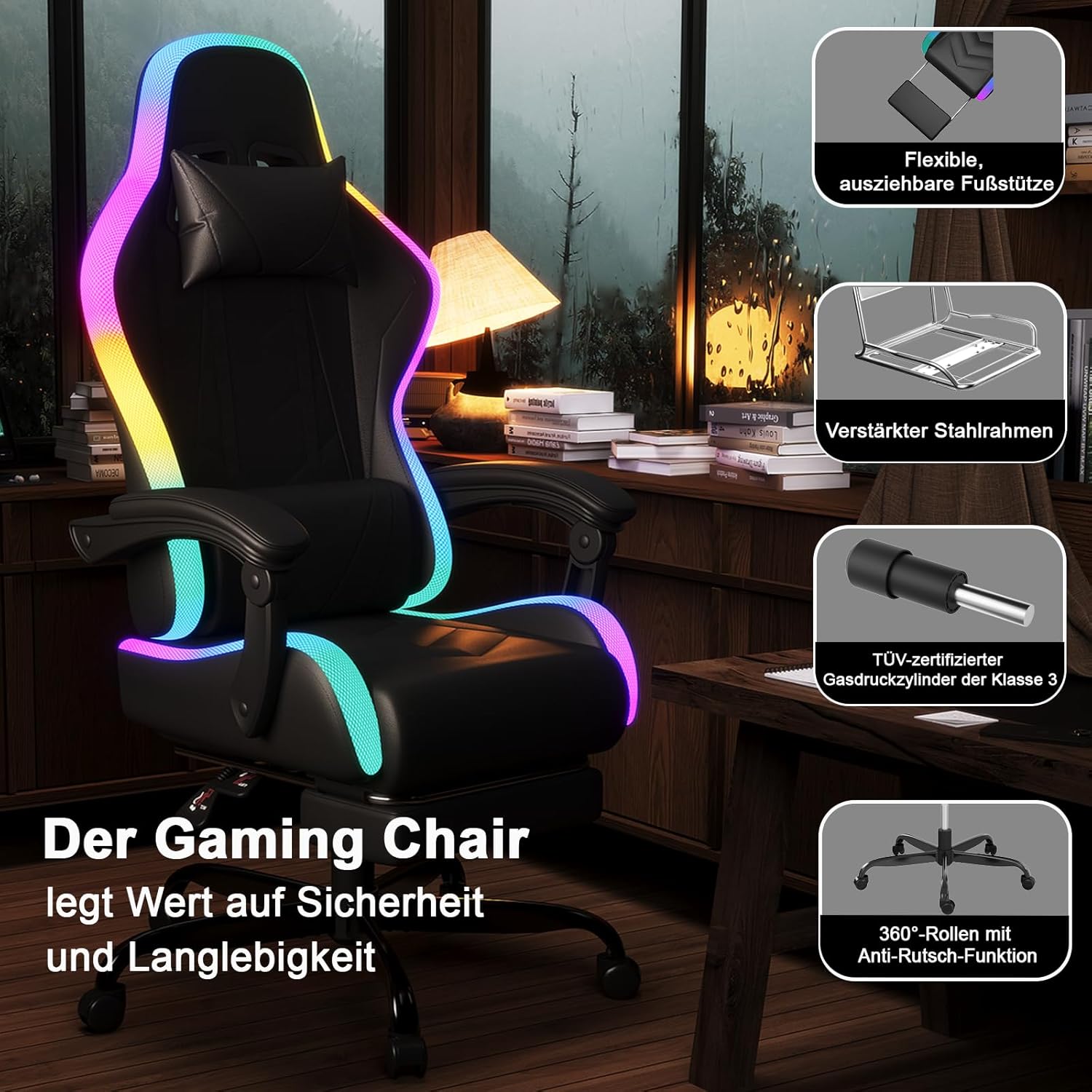 JUMMICO Gaming Stuhl mit led, Cool Racing Gamer Stuhl, Ergonomischer Bürostuhl mit Massagefunktion, Verstellbare Rückenlehne 90-135°, mit Teleskop Fußstütze, Gamingstuhl 150 kg belastbarkeit, Schwarz