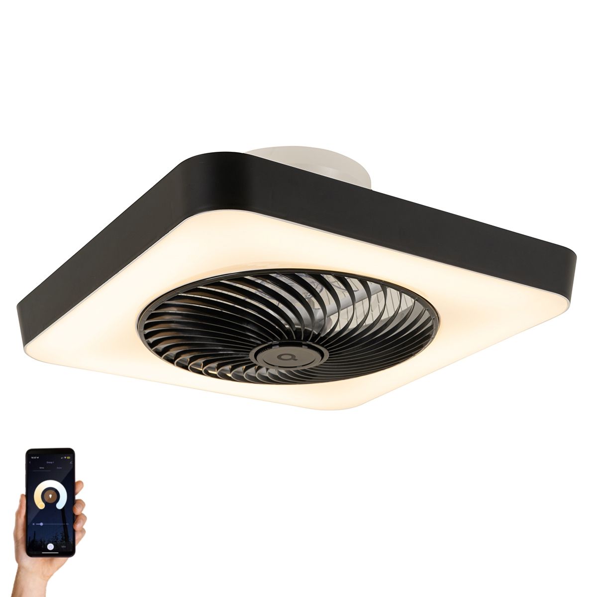 Smart plafondventilator vierkant zwart incl. LED dimbaar - Climo