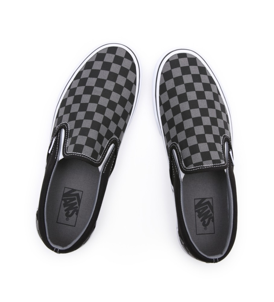 Tênis Vans Classic Slip-On, preto e cinza.