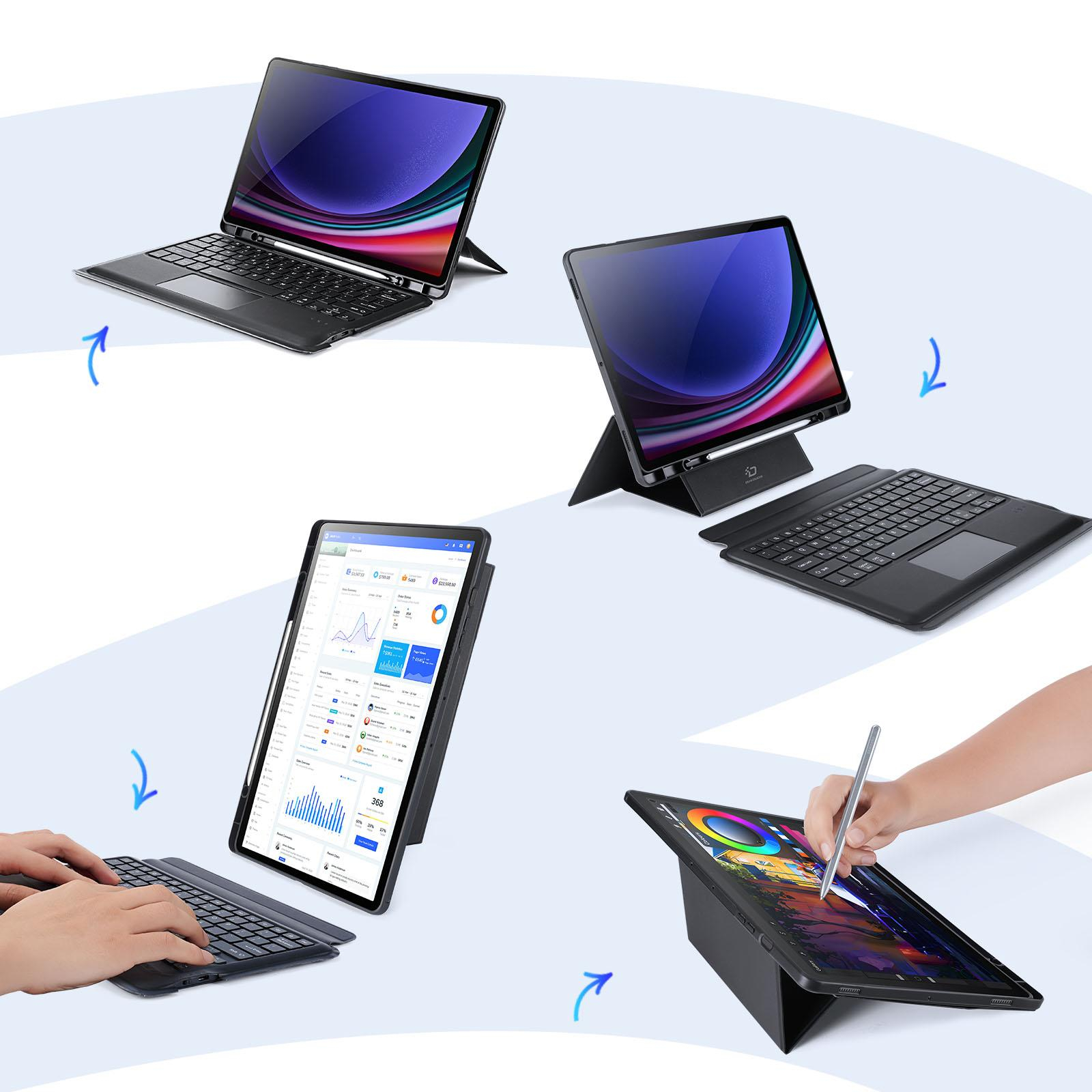 2in1 Samsung Galaxy Tab S9  Plus Leder Tasche Magnetische Bluetooth Tastatur   S-Pen Halterung (QWERTY) - Schwarz